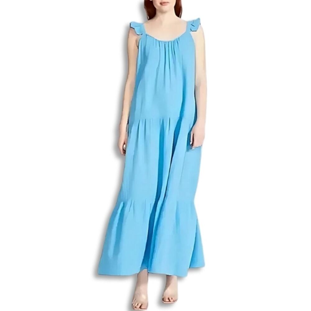 Steve Madden Maxi Dress Ruffled Flutter Straps Straight Neck Blue Women's M NWOT